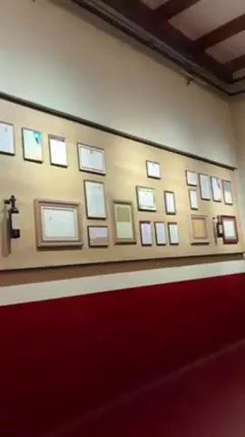 The video shows the inside of a building where Protos Primero wine is displayed. The wall is decorated with certificates and accolades received by the wine company. The brand name "Protos SER PRIMERO EST. 1927" is written on top of the certificates. A display case with artifacts is shown on the left. The bottom half of the wall is painted in a red color.