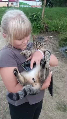 A young girl with blonde hair holds a tabby cat. The cat is held upside down in her arms, with its belly facing upwards. The girl is wearing a grey t-shirt and black pants. There are two cell phones attached to the girl's arm, one of which is visible in the image. The background shows a dirt path, grass, and some trees. The overall lighting suggests it is daytime.
