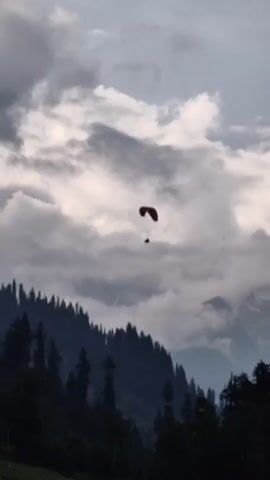 A paraglider is in mid-air against a cloudy sky. The paraglider is red and orange and is visible as a silhouette against the sky. Below the paraglider is a dark green forest on a slope. The sky is filled with gray clouds.