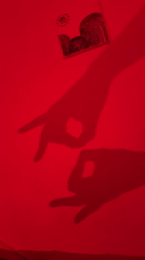 Shadow play on a red wall, cat hiding behind a jacket.
