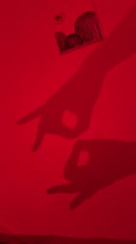 Shadow play on a red wall, cat hiding behind a jacket.