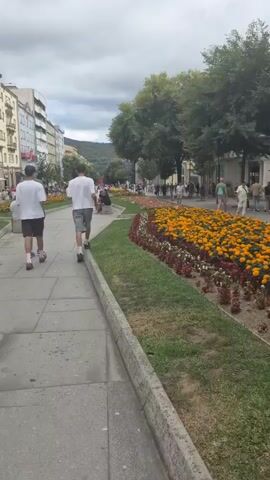 The video shows a street scene with people walking along a sidewalk next to a flowerbed. The flowerbed is filled with yellow and red flowers, with a grassy area separating it from the sidewalk. Buildings line the street on the left side, and trees are visible on the right. Two men in white t-shirts and shorts are walking away from the camera on the sidewalk. Other people are walking in the distance. The sky is overcast.