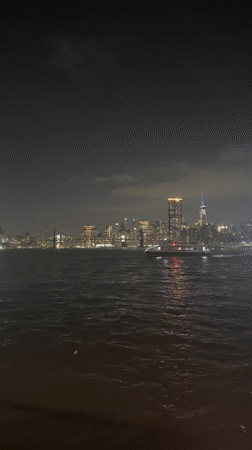NYC skyline captured at night with illuminated landmarks