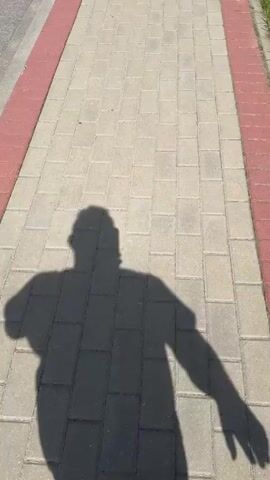 A high-angle shot shows a paved sidewalk under sunny conditions, casting a prominent shadow of a person walking forward, extending towards the camera. The sidewalk consists of light grey rectangular paving stones, bordered on both sides by a single row of reddish-brown stones. A person's right foot, wearing a black flip-flop with a white strap, steps into and out of the lower right of the frame, indicating movement. The shadow moves in sync with the steps.