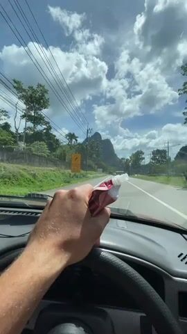 The video begins with a first-person view from inside a car, showing a hand holding a tube of lip balm. The car is on a paved road under a bright, partly cloudy sky. There are power lines running alongside the road, and lush green vegetation on the left side, interspersed with palm trees and what appears to be a rocky mountain in the distance. A yellow sign with black text and a directional arrow is visible on the left. The car then passes the sign, and the camera shifts slightly to show the right side mirror, reflecting the road and sky. The view then transitions to a wider shot from outside the car, showing the road with a pickup truck driving ahead. The landscape features more greenery and the prominent rocky mountain. The sun is shining brightly in the sky, casting shadows. The video captures a scenic drive through a tropical or subtropical environment.