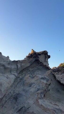 The video shows a vertical view of a rocky formation against a clear blue sky. The rock is layered and gray, with visible cracks and textures. Some foliage is visible on the right side of the frame. Birds fly across the sky in the background.