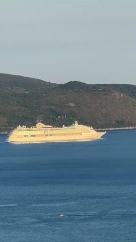 A large white cruise ship sails across a body of deep blue water. The ship is positioned in the middle ground, moving from left to right across the frame. Behind the ship, a coastline is visible, characterized by a steep, tree-covered hill. The sky above is a pale blue with a hint of haze. The lighting suggests it is either early morning or late afternoon, with the sun casting a warm glow on the ship. In the foreground, there are subtle ripples on the water's surface. There are no people clearly visible on the ship or in the water.