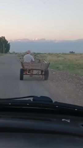 A man wearing a hat and white shirt sits on a wooden cart being pulled by two donkeys down a dirt road. The cart has two wheels and appears to be carrying miscellaneous items. The road is surrounded by dry grass and in the background, mountains are visible under a pale sky. The video is filmed from inside a vehicle, with the dashboard and windshield visible in the foreground.