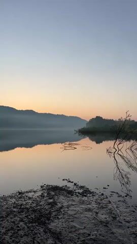 A serene body of water reflects the soft hues of dawn as mist hovers over distant hills. The muddy shore in the foreground is textured with clumps of dirt and debris. A lone, bare branch extends from the water to the right, its reflection mirrored on the calm surface. The sky transitions from a pale blue at the top to a gentle orange glow near the horizon, where the sun is beginning to rise. The scene is tranquil and still, with no visible people or animals.