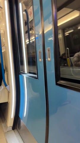 The camera is inside a train looking at a closed blue door with a black frame. There are vertical lights visible along the side of the door frame. Inside the train, across from the camera, people are seated. The train is stopped on a platform.