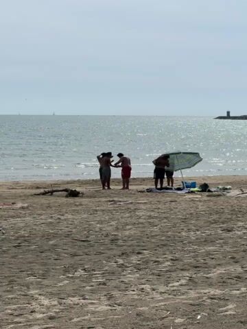 The video shows four people on a sandy beach. Two of them are standing closer to the water, appearing to examine or share something between them. The person on the left is wearing dark shorts, and the person on the right is wearing red shorts. To their right, two other individuals are near a green patterned beach umbrella, tending to items spread on the ground. The sea is visible in the background, with gentle waves and a few distant boats. On the far right of the horizon, there is a lighthouse-like structure. The beach is light-colored sand, and a piece of driftwood sits in the foreground on the left. The sky is overcast.