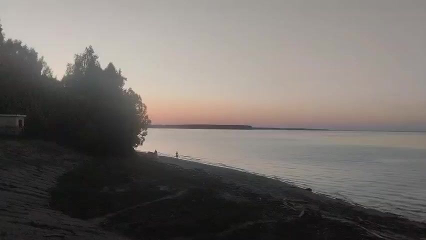 The video begins with a wide shot of a serene lake at dusk. The sky is a pale gradient of pink and grey, transitioning into a soft blue overhead. The water is calm, reflecting the muted colors of the sky. On the left side of the frame, a dark treeline runs along a sloping shore. A few silhouetted figures are visible walking along the shoreline. As the video progresses, the camera pans slightly to the right, revealing a signpost with two traffic signs. The video ends with a continued view of the tranquil lake and the subtle colors of the twilight sky.