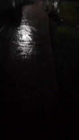 The video shows a dark, wet outdoor environment, possibly at night or during heavy rain. The ground is slick and reflects light from an unseen source. In the first few seconds, the view is of a wet pathway with some scattered debris. The camera then pans and moves, showing a blur of dark shapes, possibly trees or structures, and occasional glints of light. The overall impression is of a poorly lit, wet, and somewhat indistinct outdoor space.
