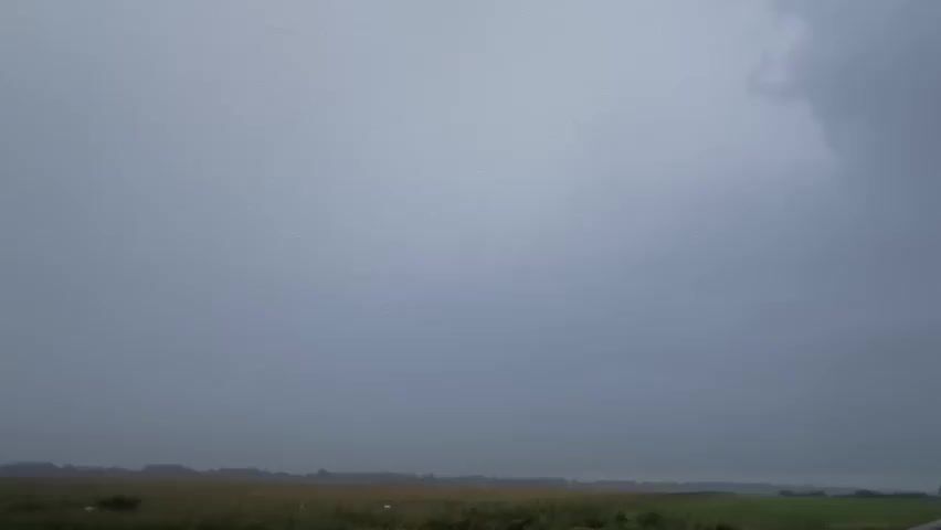 The media file shows a wide shot of a rural landscape under a dramatic, overcast sky. The foreground consists of green and brown fields, suggesting farmland or pasture. A faint line of trees or low buildings marks the horizon. The sky is a uniform, muted grey, hinting at impending rain or a stormy weather system. The overall lighting is dim, indicative of a late afternoon or early evening during a period of inclement weather. There are no people or specific objects that stand out prominently. The scene evokes a sense of quietude and perhaps anticipation of the weather to come. The location is identified as Kyviškės, Lithuania.