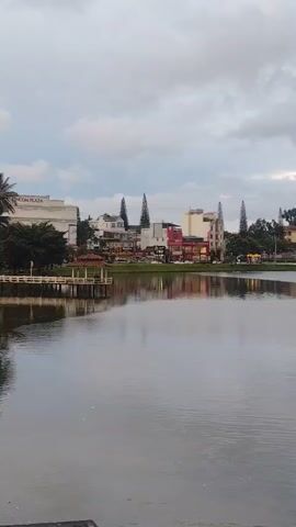 A video pans across a serene lake with a calm surface. In the background, a town is visible with buildings of varying heights and colors. Several tall, slender trees and palm trees dot the landscape. A prominent radio tower stands tall in the distance. The sky is overcast with gray clouds. The water reflects the buildings and trees, creating a mirrored image of the scene. The video appears to be taken at dusk or on a cloudy day. No people or significant actions are observed.