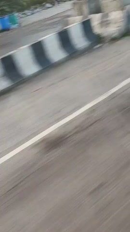 The video shows a blurred, fast-moving perspective of a road, likely from a vehicle. The road surface is gray asphalt with a white line marking the lane. To the left of the road, there's a silver metal guardrail. Beyond the guardrail, there are patches of green vegetation and some out-of-focus structures, possibly buildings or signs. Water or oil stains are visible on the road surface. The overall impression is of a brief glimpse of travel on a highway or similar roadway.
