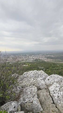 The video presents a panoramic view of a city, identified as Gorna Oryahovitsa, Bulgaria, from a high vantage point. The scene begins with a wide shot showing a vast urban area nestled amongst green forests and fields under an overcast sky. In the foreground, dry, bare branches and large, light-colored rocks are visible, suggesting a rocky outcrop or mountain peak.

As the video slowly zooms in, more details of the city become apparent. Numerous buildings, a mix of residential and commercial structures, populate the landscape. A prominent feature is a stadium with green playing fields, surrounded by stands. Text resembling "erbet" (likely "Efbet") is visible on the stadium's advertising hoardings. Nearby, several tall, modern buildings stand out among the more traditional architecture.

Beyond the city, a dense forest stretches out, eventually giving way to agricultural fields or open terrain on the distant, hazy horizon. Power lines and pylons are also visible in the forested areas, connecting to the urban infrastructure. The overall impression is a quiet, contemplative view of an urban center surrounded by nature on a cloudy day.