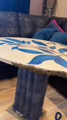 Painted table with blue leaf design spotted in Burgas