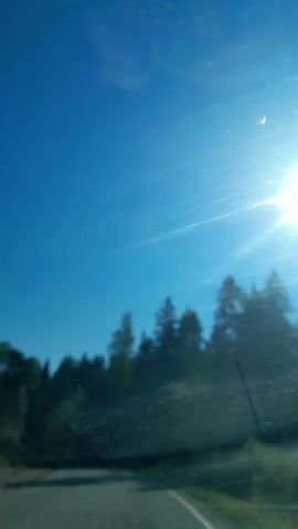 The video is a first-person view from inside a vehicle, showing a road winding through a forest on a sunny day. The sky is clear and blue, with the sun shining brightly on the right side of the frame. Trees line both sides of the road, with the foliage appearing green and lush. The road itself is paved and appears to be in good condition. There are no other vehicles or people visible in the video. The camera is looking forward through the windshield, which shows some minor streaks or smudges.