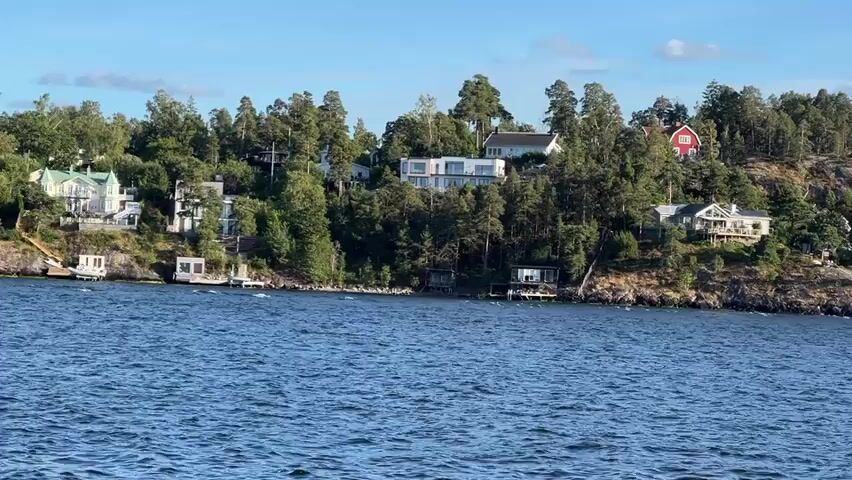 The video shows a body of water with a wooded shoreline dotted with houses. The water is blue and somewhat choppy, with small waves. The shoreline is lined with trees, some of which are tall pines. Several houses of various sizes and architectural styles are visible nestled among the trees. Some houses are on the waterfront, while others are higher up on the slope. There are a few boats docked along the shore. The sky is blue with scattered white clouds. The overall impression is one of a serene, upscale waterfront community.