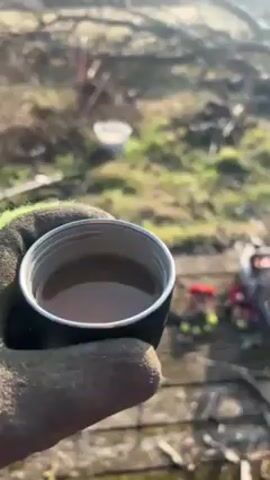 The video opens with a close-up of a gloved hand holding a black travel mug filled with coffee. The view then shifts to a wide shot of a rural landscape covered in early morning mist. Fallen trees and branches are scattered on the ground. The sun is visible in the sky, partially obscured by the haze. A white bucket is visible in the foreground. The scene suggests a cleanup or clearing process is underway.