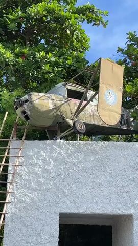 The video shows an old, weathered biplane situated atop a white, textured wall. The plane is painted in an olive green color and appears to be in a state of disrepair. It is supported by some kind of structure, and a wooden ladder is leaning against the wall, leading up to the plane. The plane is surrounded by lush green trees, with a bright blue sky visible in the background. One of the plane's wings is visible, as well as part of its tail, which has a circular emblem on it. The front of the plane, including the propeller and cockpit area, is also visible. The overall impression is one of an abandoned or repurposed aircraft, possibly as a decorative element or art installation.