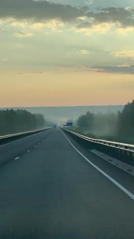 A first-person perspective shot from a moving vehicle on a highway shows a straight road stretching into the distance. On either side of the road, there are guardrails and a dense line of trees. The sky above is a mix of pale orange and yellow with scattered clouds. A thin layer of fog or mist hangs low over the trees in the distance. There are a few vehicles visible in the far distance on the highway. The sun appears to be low in the sky, possibly at sunrise or sunset.