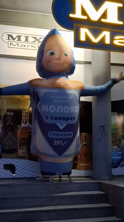 Cartoon character inflatable advertises condensed milk in Novi Sad
