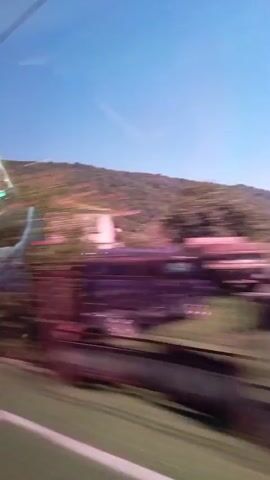 This is a video file taken from inside a moving vehicle, likely a car, looking out the passenger side window. The footage is heavily motion-blurred, indicating the vehicle is traveling at a significant speed.

The primary scene outside the vehicle is rural and appears to be a sunny day with a bright blue sky. Lush green foliage and trees are visible, with a noticeable reddish-brown embankment or ground cover in the foreground. In the mid-ground, a small, white building with a red roof and a blue window is partially obscured by the blur, suggesting it is a house or a similar structure. The overall impression is a landscape passing by from a fast-moving perspective.

No people are clearly discernible due to the blur, though a hand, possibly belonging to the videographer or another passenger, is visible on the steering wheel of the car in the foreground. The hand is also blurred, emphasizing the motion.

There are no visible text elements in the video. The time of day appears to be daytime, given the bright sky and lighting, and the weather seems fair and sunny. The location context provided is Yashtkhwa, Abkhazia, which aligns with the depiction of a rural, vegetated landscape. The emotion conveyed is one of movement and observation of the passing scenery, rather than any specific emotional state.