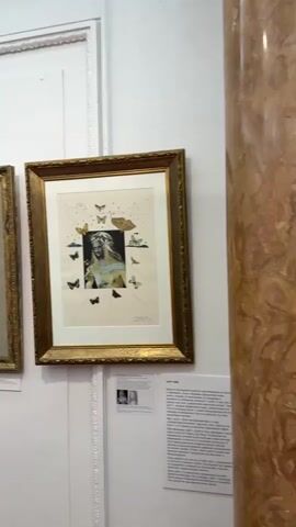 The video pans across a wall displaying framed artwork in what appears to be a museum or gallery. On the left, a framed print with a yellow and blue abstract face is visible. To its right, a larger framed artwork features a portrait of a woman with butterflies surrounding her head. The background is a plain white wall with decorative molding. To the right of the butterfly artwork, a plaque with text and a small image is attached to the wall. A section of a marble column is also visible on the far right.