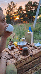 Outdoor pour-over coffee setup at sunset in Chișinău