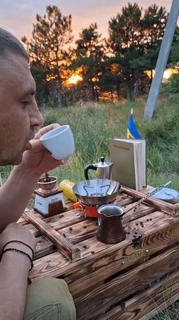 Outdoor pour-over coffee setup at sunset in Chișinău