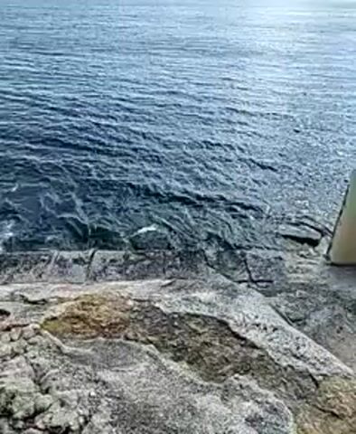 Here is a concise description of the video:

The video shows a view of the ocean from a rocky, uneven coastline. The water is a deep blue color and has small waves. There are some concrete steps leading down to the water. The sky is overcast.