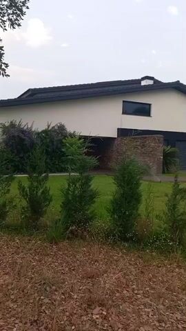 The video shows a house with a white and dark exterior, a dark roof, and a stone-accented wall. In front of the house is a manicured lawn with several small evergreen trees. There is also a swimming pool visible in the backyard. The sky is overcast. The camera slowly pans from left to right.