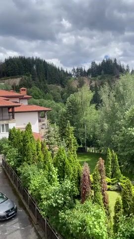 The video shows a view from a balcony looking out over a lush green garden and surrounding forest. In the foreground, there is a row of manicured evergreen trees, some of which are conical and others are more rounded. Behind these, there is a manicured lawn with a few decorative plants. To the left, the corner of a building with a red-tiled roof and beige walls is visible. The background consists of a dense forest that covers a hillside. The sky is cloudy with patches of blue sky visible. The weather appears to be overcast but possibly clearing.