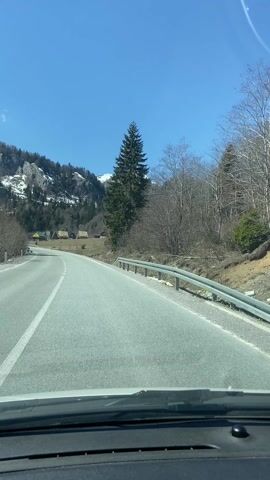 The video shows a car driving on a paved road through a mountainous landscape on a clear, sunny day.  The road curves gently to the left.  On the left side of the road are mountains partially covered in snow, with a few small buildings or cabins visible in a field. A tall evergreen tree stands to the right of the road.  The right side of the road has a metal guardrail and some bare trees. The video is shot from the dashboard of the car, looking out the windshield.