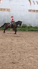 Woman in red trains dark horse at equestrian facility