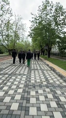 A group of about ten people, mostly wearing dark suits, are walking away from the camera down a wide pedestrian walkway. The walkway is paved with a repeating pattern of grey and white blocks.  The person in the middle of the group is wearing bright green pants. Trees line both sides of the walkway, and grass borders the walkway. There is a road to the left of the walkway and a fence to the right. The sky is overcast.
