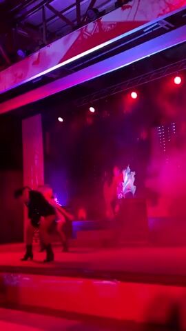 A performance is taking place on a stage illuminated by red and pink lights. There is fog or smoke on the stage. On the left, a person in a black jacket and shorts, and black boots is dancing. To the right of this person, another person in a light-colored top and darker shorts is also dancing. Further back on the stage, there are other performers. One person appears to be in a red outfit, possibly on a raised platform or stool. Another person in the background is partially obscured by smoke. The stage has steps leading up to a higher level. Above the stage, there is a ceiling with lights and some decorative banners with abstract designs.