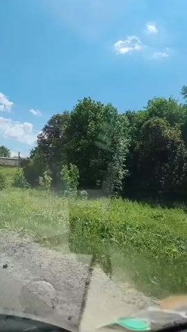 The video captures a view from inside a vehicle, looking forward and slightly to the right. The scene is an outdoor, rural environment on a bright, sunny day with a clear blue sky dotted with a few white clouds. A dusty, unpaved road or track is visible in the foreground, appearing to be the path the vehicle is traveling on. To the right of the road, there is abundant green grass and vegetation, with several trees scattered throughout. A white traffic sign with a red chevron indicating a curve to the left is prominently placed near the edge of the road. In the distance, several houses or buildings are visible, some appearing to be older or partially obscured by trees and overgrown vegetation. The overall impression is of a leisurely drive through a countryside setting.