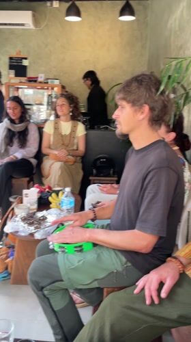 Musicians gather for informal jam session in Pokhara cafe