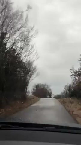 The video shows a car driving on an empty, narrow, paved road on a cloudy day. The road is wet, suggesting it may have recently rained.  The roadside is lined with bare trees and sparse vegetation.  The car is moving forward on the road, which ascends slightly.  The overall scene is bleak and quiet.