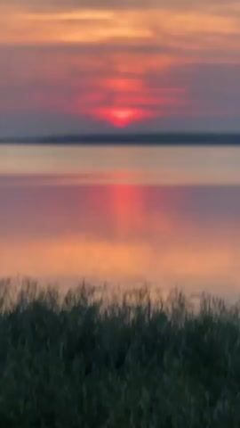 A sunset over a body of water, with tall grass in the foreground. The sky is filled with colors ranging from orange to pink to red, with clouds obscuring the sun. The water reflects the colors of the sky.
