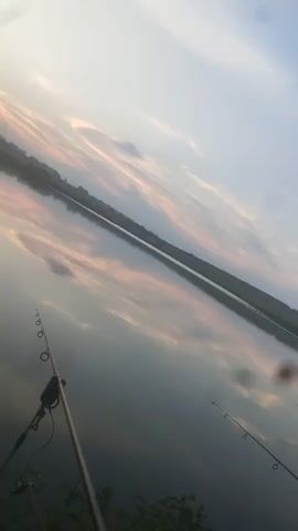 The video shows a peaceful lakeside scene at sunset. The sky is filled with soft, pastel colors reflecting beautifully on the calm water. In the foreground, a fishing rod is set up on a tripod, ready for use. Another fishing rod can be seen in the distance. Lush green foliage borders the water's edge. The overall atmosphere is tranquil and serene.