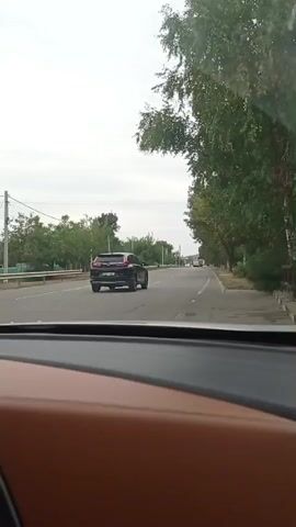 The video shows a view from the interior of a car, looking out through the windshield. The car appears to be driving on a two-lane road. On the left side of the road, there are trees and some structures that appear to be buildings or fences. On the right side of the road, there are more trees lining the pavement. The road ahead is visible, with other cars driving in the same direction. The sky is overcast. The focus is on the road and the passing scenery.