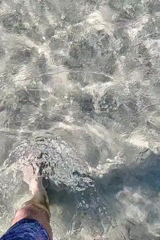The video begins with a close-up view of the surface of clear water, with sunlight refracting through it, creating dappled patterns on the seabed which appears to be covered in small stones. The camera then pans slightly upward to reveal a beach scene. People are visible on the sandy shore, some sitting under beach umbrellas and others walking. The water is shallow and calm, with the seabed clearly visible. Trees and vegetation line the back of the beach, and there is a clear blue sky overhead. A few palm trees are also visible. The overall impression is a tranquil beach setting on a sunny day.