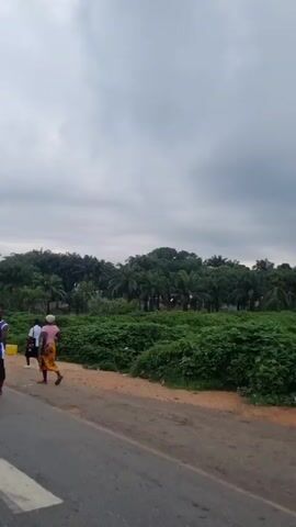 The video captures an outdoor scene along a paved road under a cloudy sky. Several individuals are present, some walking and others standing near the roadside. One person in the foreground is wearing a blue tank top and black shorts, holding what appears to be a bottle and a green object. To their left, another individual is wearing a light-colored tunic and dark pants. Further down the road, a person wearing a pink shirt and a patterned skirt is walking away from the camera, carrying something on their head. In the background, there is lush green vegetation, including palm trees and dense foliage. On the roadside, various objects are visible, including what seems to be a yellow container, a market stall with goods, and a traffic sign. The overall impression is of a roadside environment, possibly a market or a rest stop, with people engaged in everyday activities.