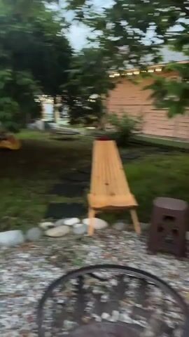 The media file depicts an outdoor scene, likely a backyard or garden, with a rustic and relaxed ambiance. The setting appears to be Alakhadzi, Abkhazia.

**Subjects:** The primary subjects are outdoor furniture and decorative elements. This includes a brown plastic stool, a wooden slatted chair, and a metal fire pit with an intricate silhouette design of deer. There are also various rocks and gravel in the foreground. Green trees and foliage are prominent throughout the scene, suggesting a natural and somewhat overgrown environment.

**Scene/Setting:** The scene is an outdoor area, characterized by a dark brown fence adorned with a string of warm, glowing lights. This suggests an evening or twilight setting. The presence of trees and the general feel of the space point towards a garden or backyard area. The ground is covered with a mix of gravel, rocks, and grass.

**Activity/Event:** No specific activity or event is clearly depicted. The arrangement of the furniture suggests a space for relaxation or gathering, perhaps for a bonfire given the fire pit. The focus seems to be on showcasing the ambiance of the outdoor space, especially with the string lights illuminated.

**Notable Details:**
*   **Time of Day:** The illuminated string lights and the overall lighting suggest it is dusk or early evening.
*   **Weather:** The lighting and foliage indicate fair weather.
*   **Location Cues:** The text "Alakhadzi, Abkhazia" provides a specific geographical context.
*   **Emotions:** The warm lighting and the comfortable-looking seating evoke feelings of tranquility, relaxation, and coziness.
*   **Visible Text:** No visible text is present within the frames of the media.