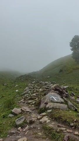 This media file captures a serene mountain landscape in Dhundi, India, likely during the early morning or late afternoon given the soft, diffused light and overcast sky. The scene is dominated by a winding, rocky path that leads uphill through a lush, green valley. The path is uneven, composed of various sized stones, and appears to be a well-trodden trail.

The surrounding terrain is characterized by rolling hills covered in vibrant green grass, interspersed with scattered rocks and some sparse vegetation. In the foreground, larger rocks are prominent, with one particularly noticeable boulder on the right side of the path bearing a white arrow painted on its surface, indicating a direction or marking the trail. This arrow is the only visible text in the media.

A dense layer of fog or mist hangs in the air, particularly in the distance, obscuring the tops of the hills and creating a sense of depth and mystery. This atmospheric condition contributes to the tranquil and somewhat ethereal mood of the scene. A lone tree stands on the far right, silhouetted against the misty sky, adding a vertical element to the otherwise horizontal composition.

No people are visible in the media, emphasizing the natural beauty and solitude of the location. The overall impression is one of peacefulness and the raw, untouched beauty of the Indian Himalayas. The weather appears to be cool and damp, typical of a misty mountain environment.