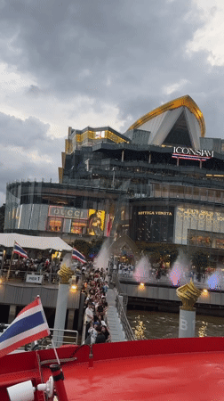 Boat journey past ICONSIAM mall on Bangkok's Chao Phraya River